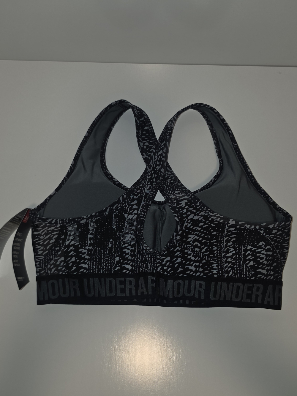 NWT Under Armour Mid-Impact Sports Bra Black Gray Print Logo Band Size L - Picture 5 of 10